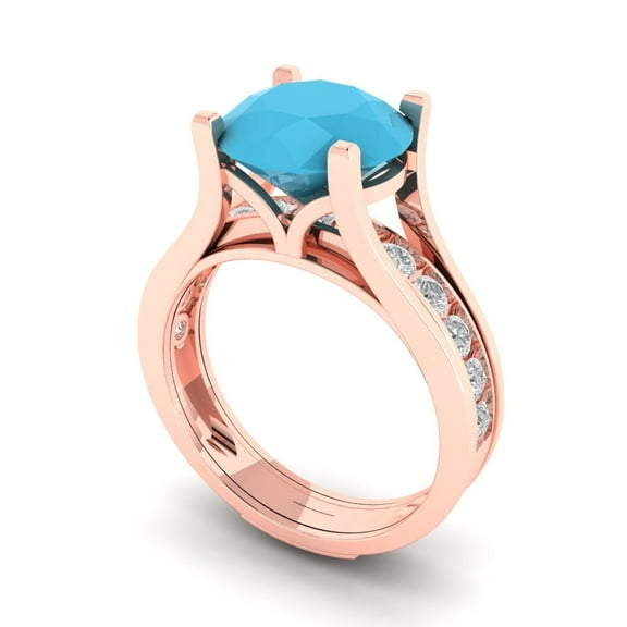3.39 ct Brilliant Round Cut Turquoise 14k Rose Gold Solitaire with Accents Engagement Bridal Wedding Ring Band Set size 6.75