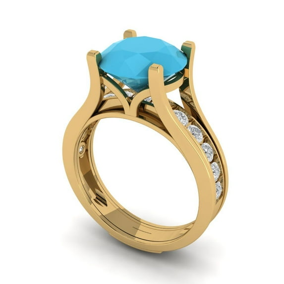 3.39 ct Brilliant Round Cut Turquoise 14k Yellow Gold Solitaire with Accents Engagement Bridal Wedding Ring Band Set size 7.5
