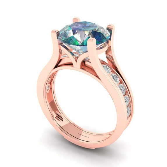 3.39 ct Brilliant Round Cut Blue Moissanite 14k Rose Gold Solitaire with Accents Engagement Bridal Wedding Ring Band Set size 9