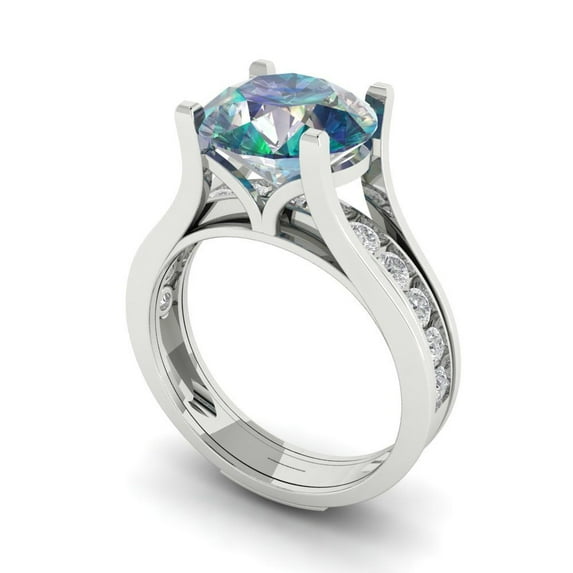 3.39 ct Brilliant Round Cut Blue Moissanite 14k White Gold Solitaire with Accents Engagement Bridal Wedding Ring Band Set size 6.75