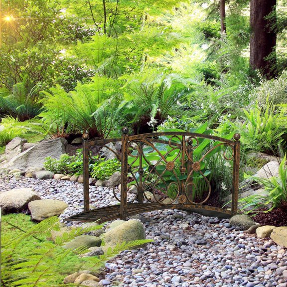 3.3FT Brown Metal Zen Garden Bridge Decorative Arch Safety Siderails Floral Scrollwork