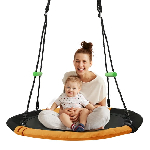 3.3FT Round Tree/Saucer Swing with Handles -Made of Sturdy Frame,PP Mat,Adjustable Multi-Strand Ropes,Safe and Durable for Yard Garden Playground Park (Black and Dark Green, 40 inches)
