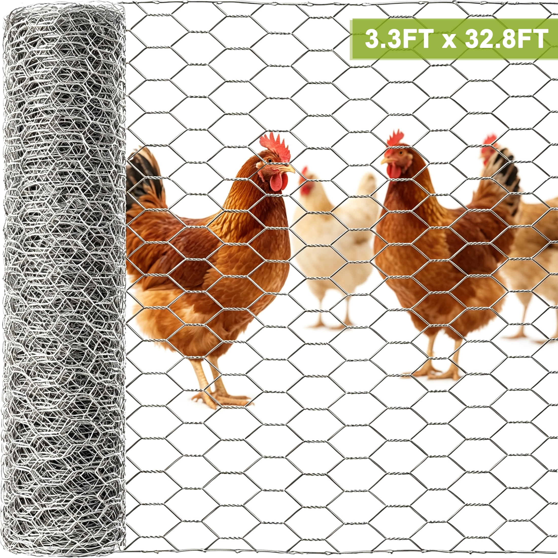 GARITIN Chicken Wire Mesh Roll 3.3ft x 32.8ft, Galvanized Rustproof Hexagonal Wire Mesh for Gardening, Cages, Fencing, Compost Bins, Gutter Guards