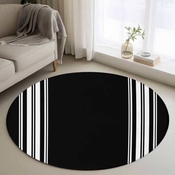 3.3Ft Round Rug, Black Striped Non-Skid Rubber Backing Large Area Rugs - Living Room Bedroom Home Office, Farmhouse Black White Stripes Indoor Floor Mat Carpets Washable Rug