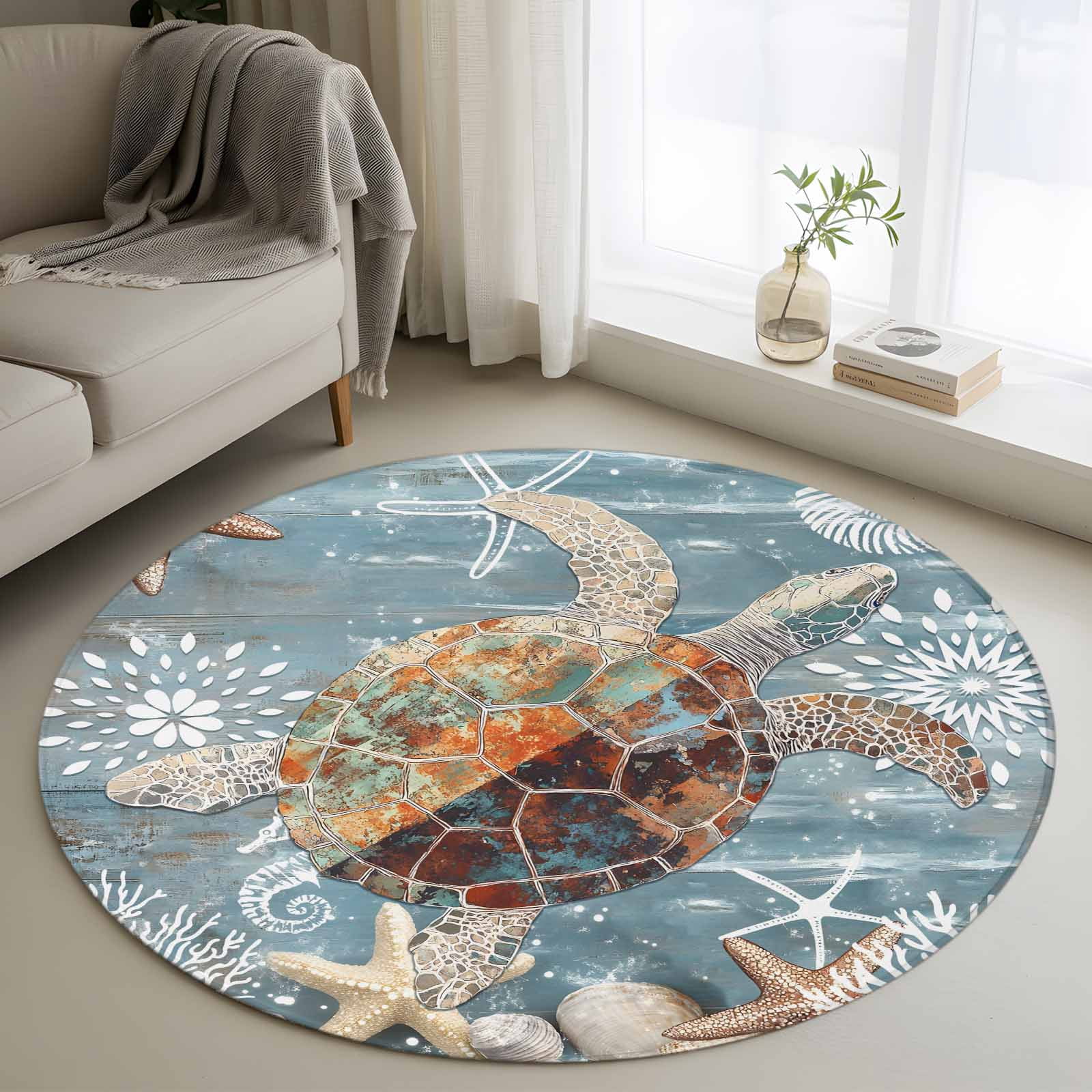 Round Turtle Rug 3.3Ft Round Rug, Blue Sea Turtle Coastal Non-Skid Rubber Backing Large ...