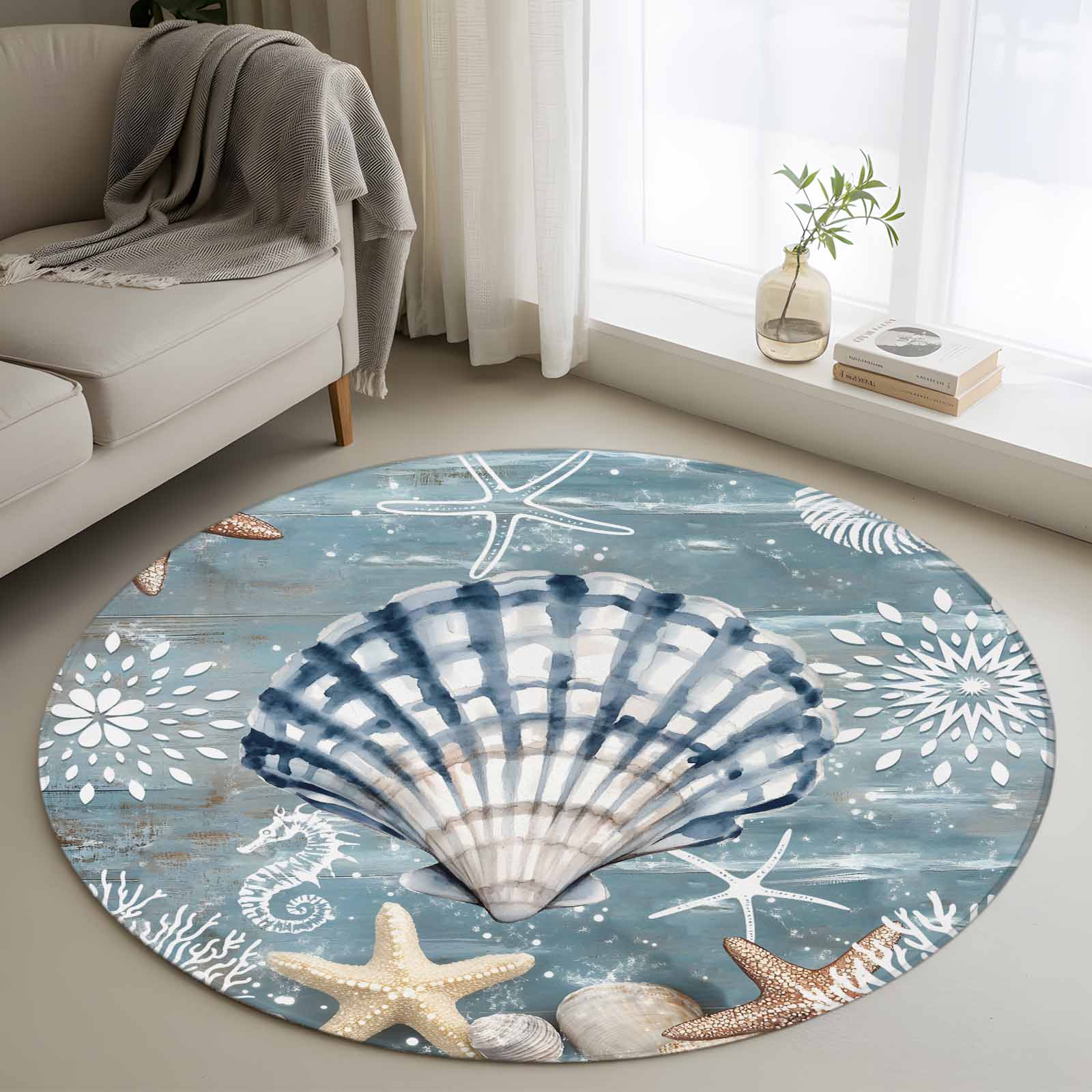Shell Shaped Rug Extra Large 3.3Ft Round Rug, Blue Shell Coastal Non-Skid Rubber Backing Large Area ...