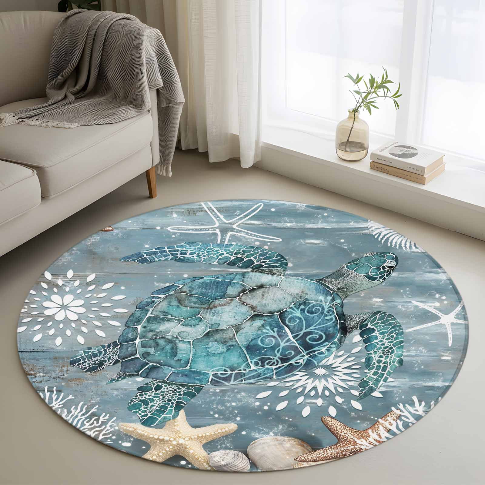 Turtle Rug Cream 3.3Ft Round Rug, Blue Turtle Coastal Non-Skid Rubber Backing Large Area ...