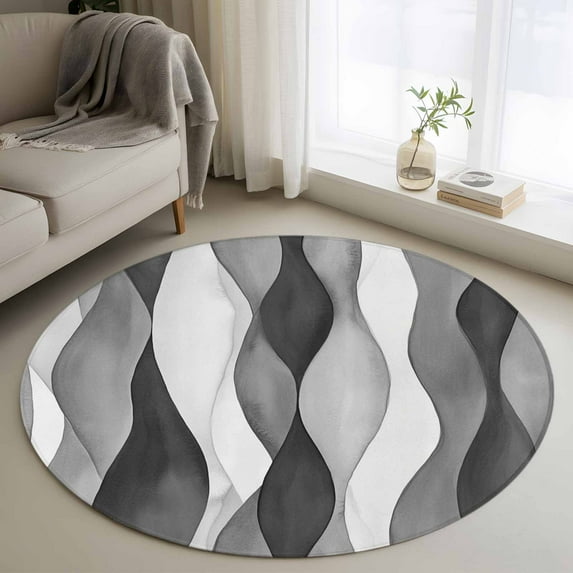 3.3Ft Round Rug, Gray Stripes Non-Skid Rubber Backing Large Area Rugs - Living Room Bedroom Home Office, Vintage Farmhouse Greyish Ripple Pattern Indoor Floor Mat Carpets Washable Rug
