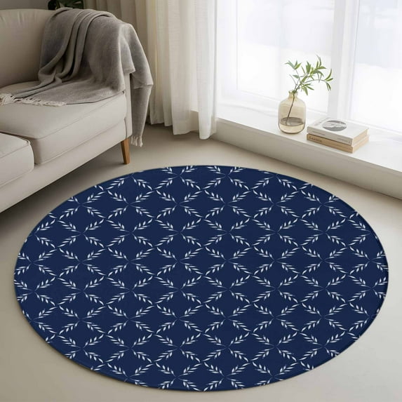 3.3Ft Round Rug, Navy Blue Non-Skid Rubber Backing Large Area Rugs - Living Room Bedroom Home Office, Geometric Leaf Diamond Plaid Abstract Check Indoor Floor Mat Carpets Washable Rug