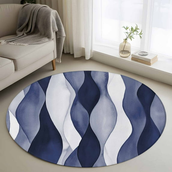 3.3Ft Round Rug, Navy Blue Non-Skid Rubber Backing Large Area Rugs - Living Room Bedroom Home Office, Modern Moire Abstract Ripple Geometric Indoor Floor Mat Carpets Washable Rug