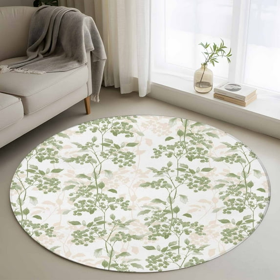 3.3Ft Round Rug, Sage Green Fruit Non-Skid Rubber Backing Large Area Rugs - Living Room Bedroom Home Office, Vintage Plant Nature Botanical Flower Indoor Floor Mat Carpets Washable Rug