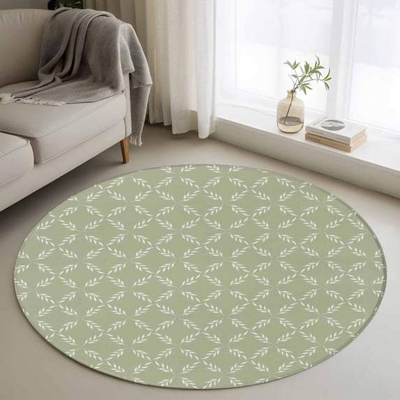 3.3Ft Round Rug, Sage Green Non-Skid Rubber Backing Large Area Rugs - Living Room Bedroom Home Office, Geometric Flower Leaf Diamond Plaid Retro Indoor Floor Mat Carpets Washable Rug