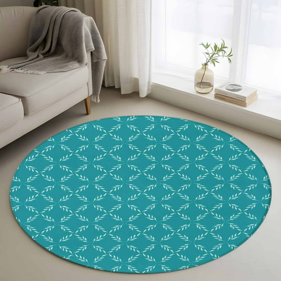 3.3Ft Round Rug, Teal Morocco Non-Skid Rubber Backing Large Area Rugs - Living Room Bedroom Home Office, Geometric Leaf Diamond Lattice Abstract Indoor Floor Mat Carpets Washable Rug