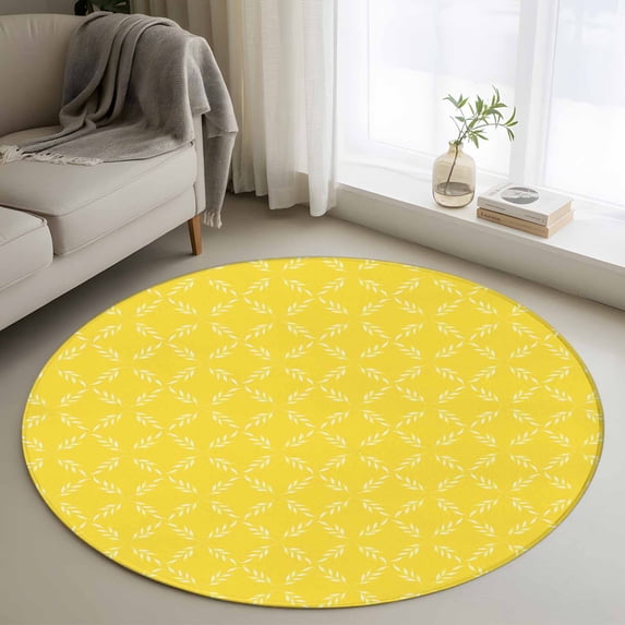 3.3Ft Round Rug, Yellow Morocco Non-Skid Rubber Backing Large Area Rugs - Living Room Bedroom Home Office, Geometric Leaf Diamond Lattice Abstract Indoor Floor Mat Carpets Washable Rug
