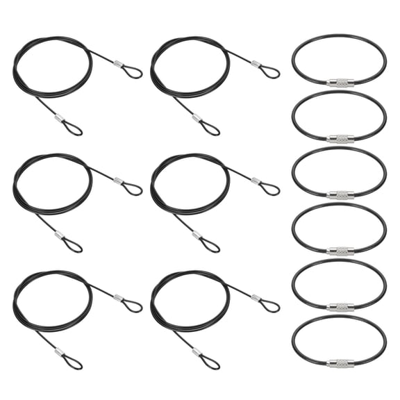 3.3Ft(39.4 Inch) Safety Cable Lock, 6 Pcs 0.08 Dia Braided Stainless Steel Coated Security Cable Luggage Lock Wire Rope with Double Loop for Luggage Bicycles Doors Packages, Black
