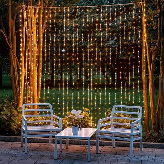 3×3M Solar Curtain Light Outdoor Solar Fairy Garland String Lights Garden Yard Pavilion Wedding Party Holiday Decor Lights (Warm lights,Solar-3MX2M-200LEDS)