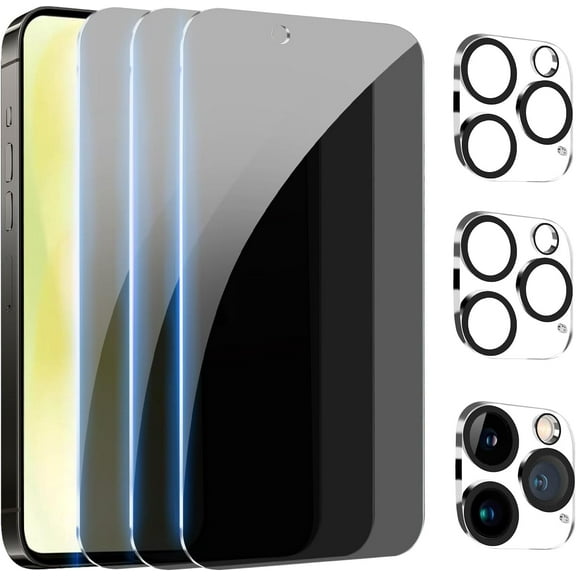 [3+3Pack] Privacy Screen Protector for iPhone 16/iPhone 16 Plus/iPhone 16 Pro/iPhone 16 Pro Max(Optional) with Camera Lens Protector Full Coverage Anti-Spy Tempered Glass Film 9H Hardness