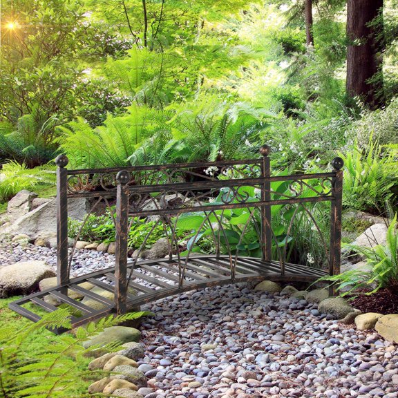 3.3ft Metal Arch Zen Garden Bridge with Safety Siderails Decorative Footbridge Scrollwork and Corner Spheres for Stream Fish Pond, Bronze