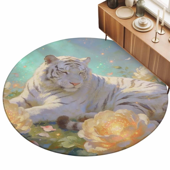 3.3ft Round Rug Aesthetic White Tiger Area Rugs for Living Room Bedroom Washable Non Slip Circle Rug Abstract Art Floral Ombre Indoor Floor Carpet for Kitchen Entryway Office Dining Room Home