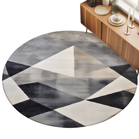 3.3ft Round Rug Black Beige Rhombus Area Rugs for Living Room Bedroom Washable Non Slip Circle Rug Low Pile Soft Geometric Abstract Art Indoor Floor Carpet for Kitchen Entryway Office Dining Room