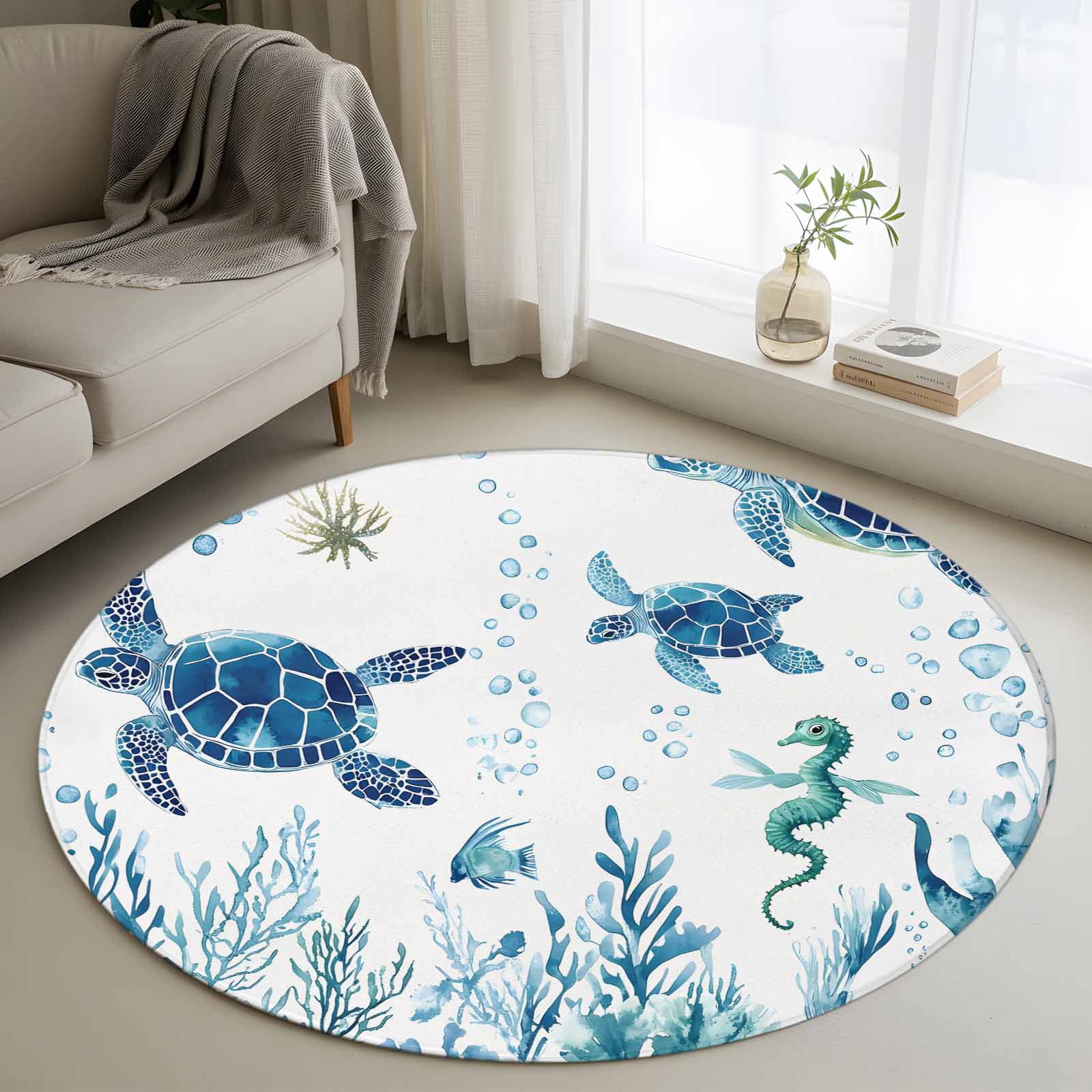 Round Turtle Rug 3.3ft Round Rug, Blue Green Sea Turtle Non-Skid Rubber Backing Large ...