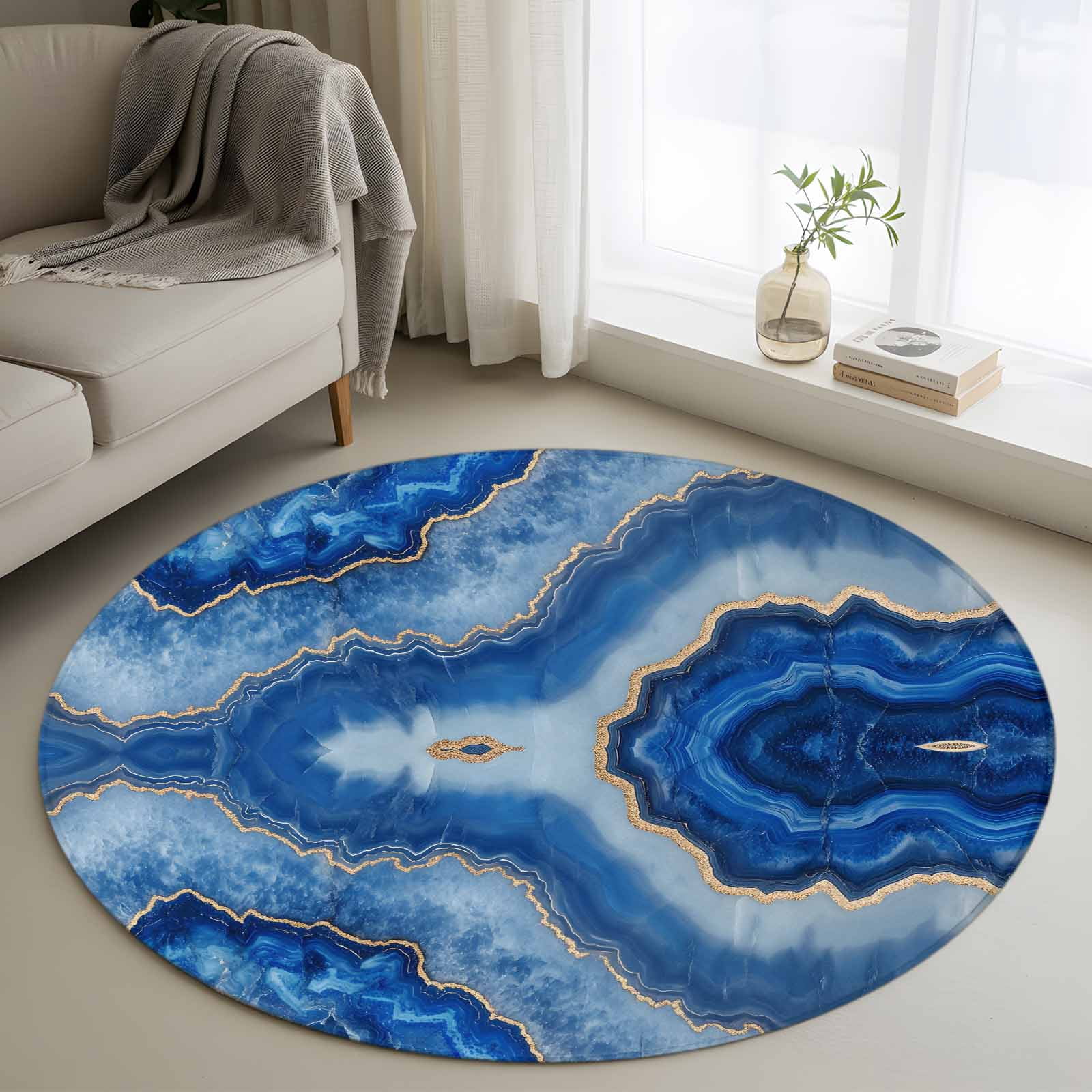 Blue Marble Rug Pattern 3.3ft Round Rug, Blue Marble Non-Skid Rubber Backing Large Area Rugs ...