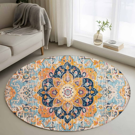 3.3ft Round Rug, Blue Non-Skid Rubber Backing Large Area Rugs - Living Room Bedroom Home Office, Ethnic Middle Century Geometric Abstract Western Indoor Floor Mat Carpets Washable Rug