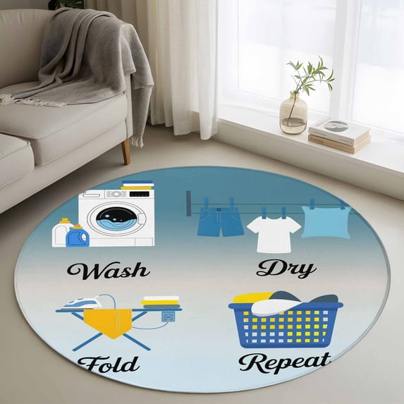 3.3ft Round Rug, Blue Ombre Laundry Non-Skid Rubber Backing Large Area Rugs - Living Room Bedroom Home Office, Wash Dry Fold Repeat Indoor Floor Mat Carpets Washable Rug