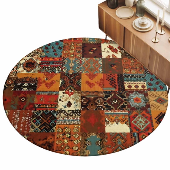 3.3ft Round Rug Boho Vintage Area Rugs for Living Room Bedroom Washable Non Slip Circle Rug Low Pile Brown Ethnic Middle Century Geometric Indoor Floor Carpet for Kitchen Entryway Office Dining Room