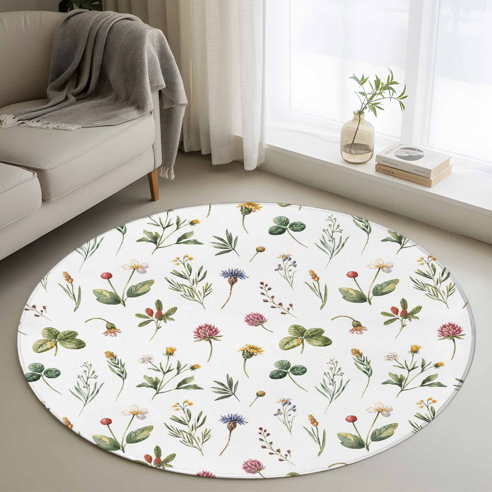 3.3ft Round Rug, Botanical Flower Non-Skid Rubber Backing Large Area ...