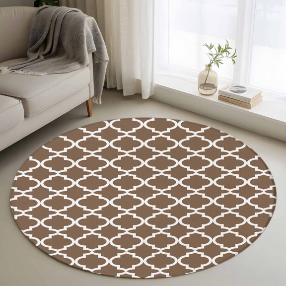 3.3ft Round Rug, Brown Moroccon Non-Skid Rubber Backing Large Area Rugs - Living Room Bedroom Home Office, Retro Country Minimalist Abstract Motifs Indoor Floor Mat Carpets Washable Rug