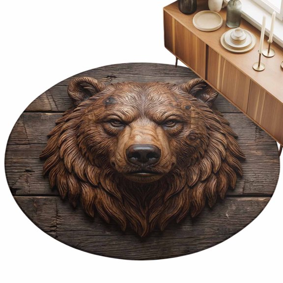 3.3ft Round Rug Carved Bear Head Area Rugs for Living Room Bedroom Washable Non Slip Circle Rug Low Pile Rustic Wood Cabin Lodge Brown Indoor Floor Carpet for Kitchen Entryway Office Dining Room Home