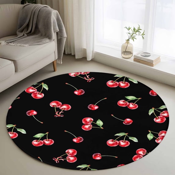3.3ft Round Rug, Cherry Rustic Non-Skid Rubber Backing Large Area Rugs - Living Room Bedroom Home Office, Spring Summer Tropic Fruit Black Indoor Floor Mat Carpets Washable Rug