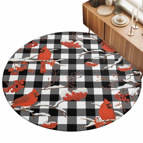 3.3ft Round Rug Christmas Cardinal Area Rugs for Living Room Bedroom Washable Non Slip Circle Rug Winter Xmas Bird Branch Black White Plaid Indoor Floor Carpet for Kitchen Entryway Office Dining Room