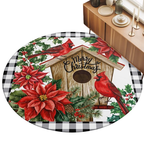 3.3ft Round Rug Christmas Cardinal Area Rugs for Living Room Bedroom Washable Non Slip Circle Rug Winter Xmas Holly Poinsettia Plaid Indoor Floor Carpet for Kitchen Entryway Office Dining Room