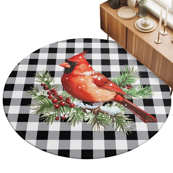 3.3ft Round Rug Christmas Cardinal Bird Area Rugs for Living Room Bedroom Washable Non Slip Circle Rug White Black Plaid Pine Branch Snow Indoor Floor Carpet for Kitchen Entryway Office Dining Room