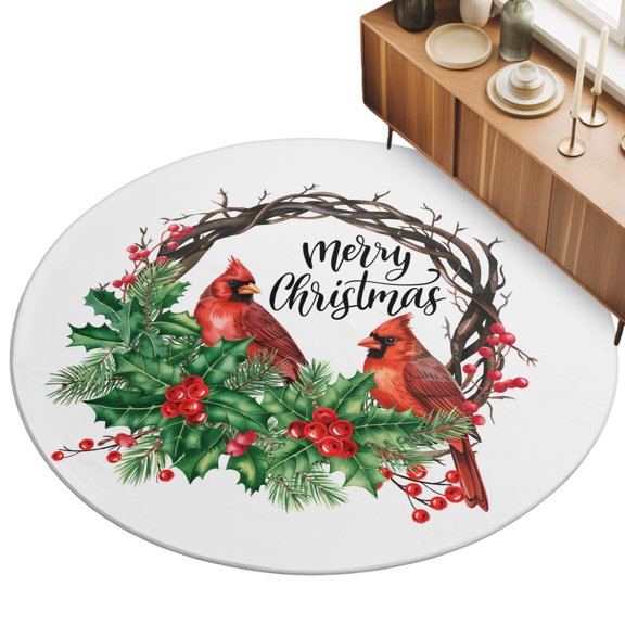 3.3ft Round Rug Christmas Cardinal Birds Area Rugs for Living Room Bedroom Washable Non Slip Circle Rug Xmas Holly Leaves Branch Red berries Indoor Floor Carpet for Kitchen Entryway Dining Room