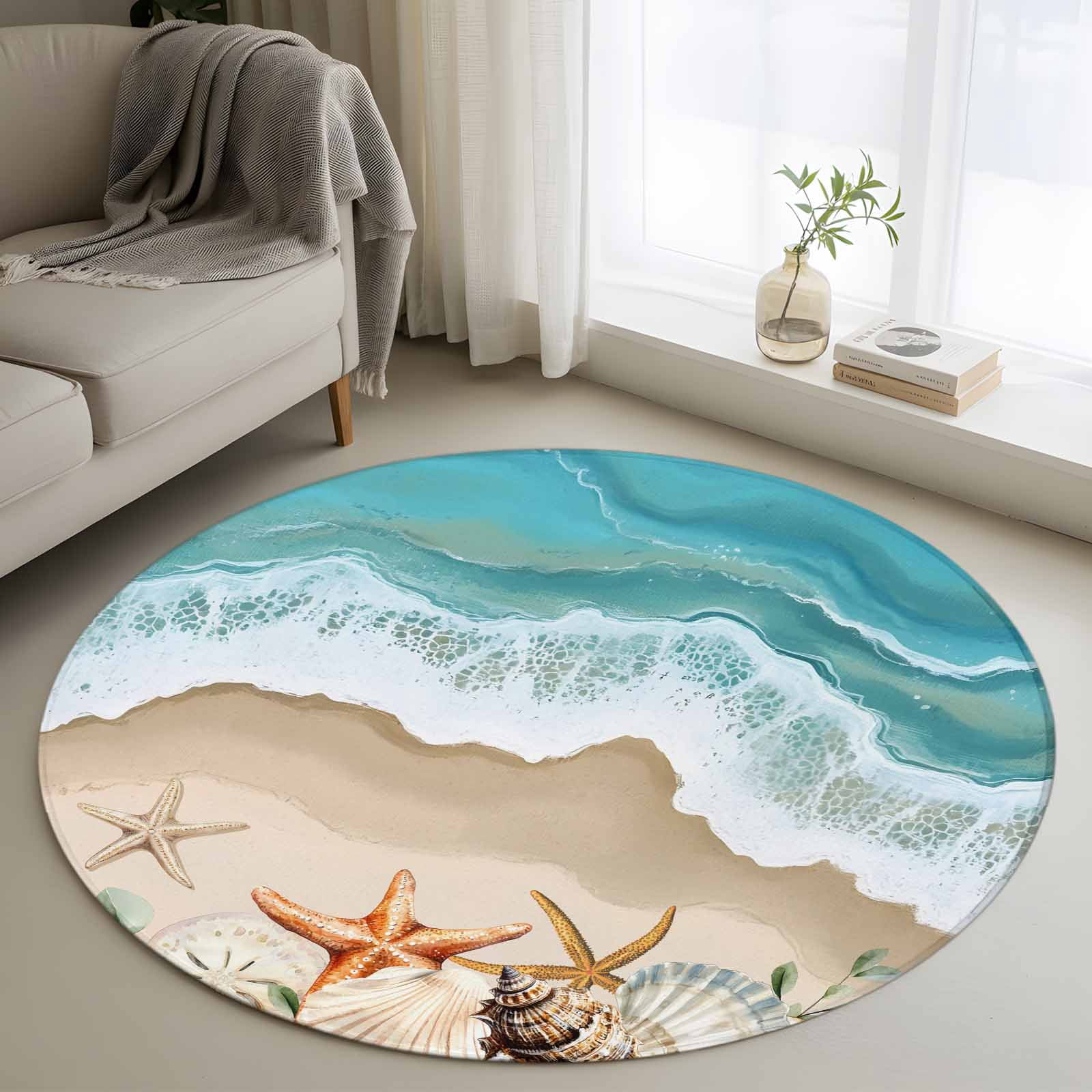 Shell Shaped Rug Extra Large 3.3ft Round Rug, Coastal Beach Ocean Non-Skid Rubber Backing Large Area ...