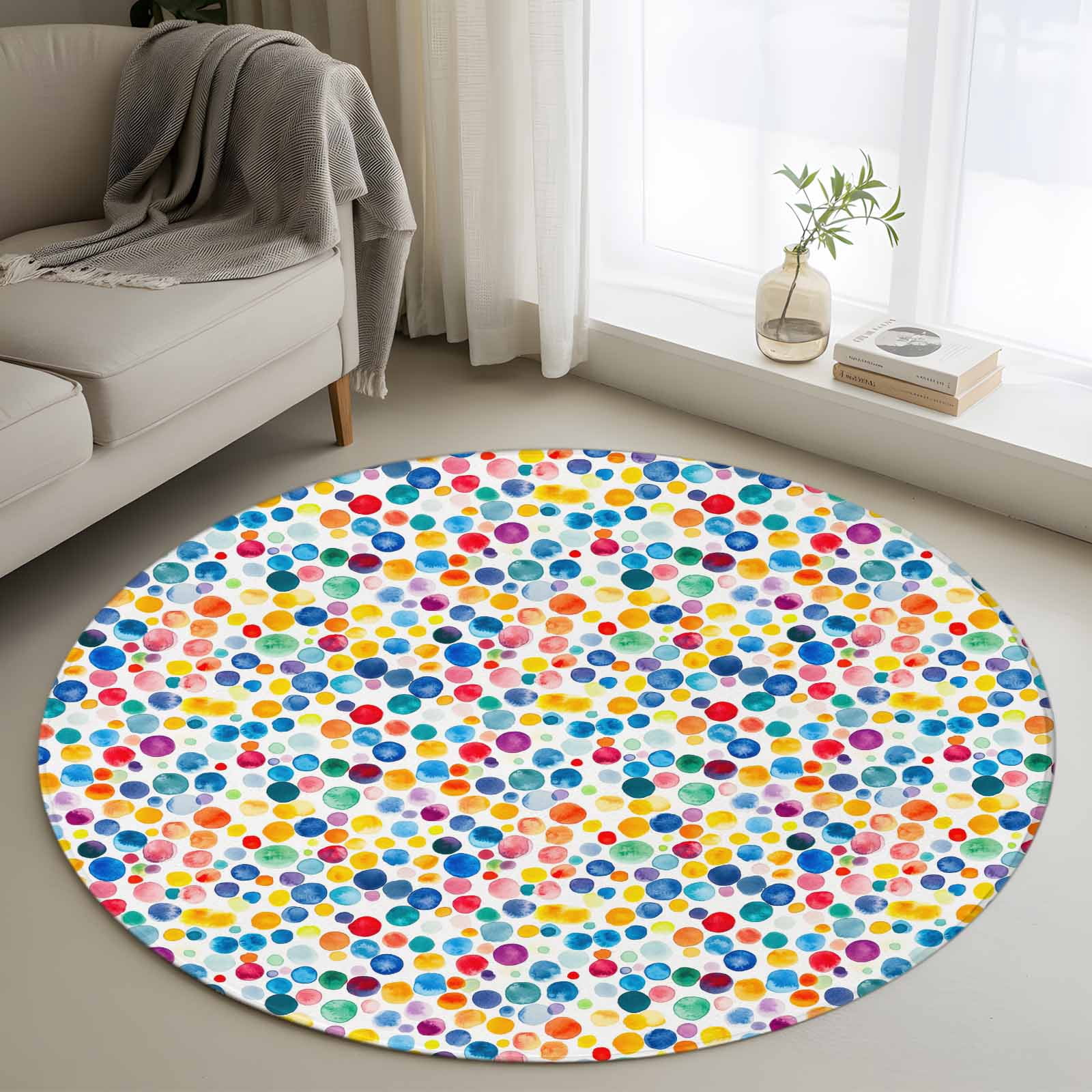3.3ft Round Rug, Colorful Polka Dot Non-Skid Rubber Backing Large Area ...