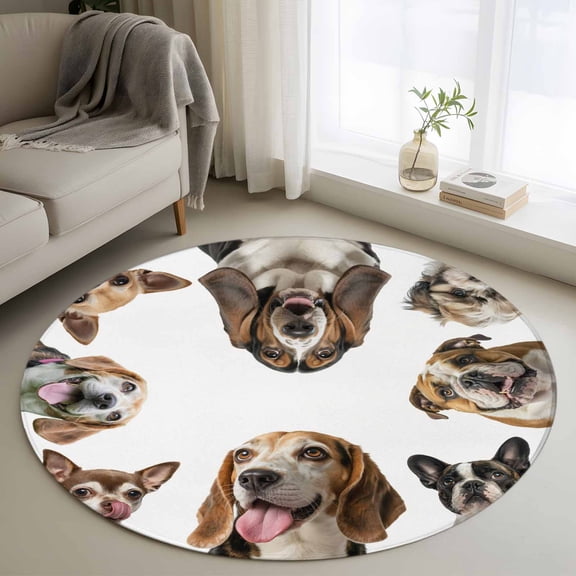 3.3ft Round Rug, Cute Dogs Non-Skid Rubber Backing Large Area Rugs - Living Room Bedroom Home Office, Animals Gypsies Bulldog Cattledogs Modern Art Indoor Floor Mat Carpets Washable Rug