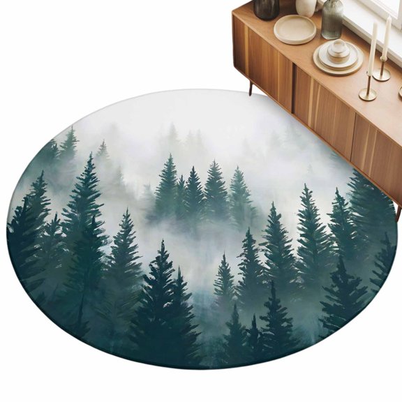 3.3ft Round Rug Dark Green Pine Forest Area Rugs for Living Room Bedroom Washable Non Slip Circle Rug Misty Tree Clouds Nature Indoor Floor Carpet for Kitchen Entryway Office Dining Room Home