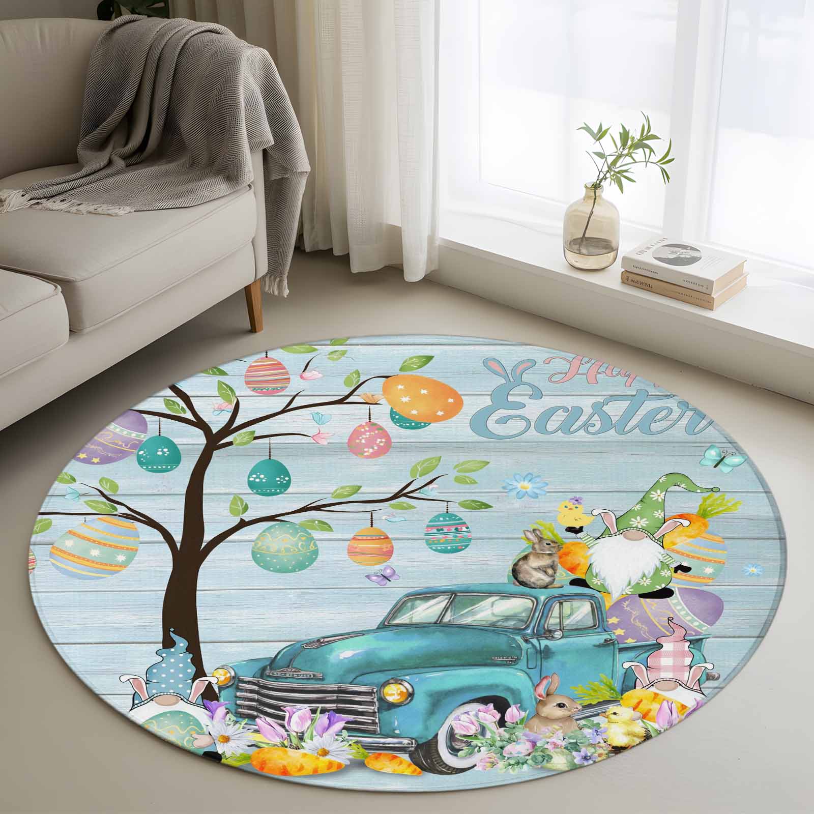 Easter Rug Design 3.3ft Round Rug, Easter Non-Skid Rubber Backing Large Area Rugs ...