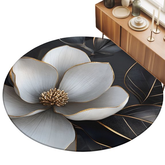 3.3ft Round Rug Elegant Flowers Area Rugs for Living Room Bedroom Washable Non Slip Circle Rug Spring Botanical Blossom Floral Black Indoor Floor Carpet for Kitchen Entryway Office Dining Room