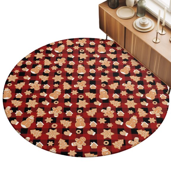 3.3ft Round Rug Gingerbread Man Area Rugs for Living Room Bedroom Washable Non Slip Circle Rug Christmas Red Black Buffalo Plaid Xmas Indoor Floor Carpet for Kitchen Entryway Office Dining Room