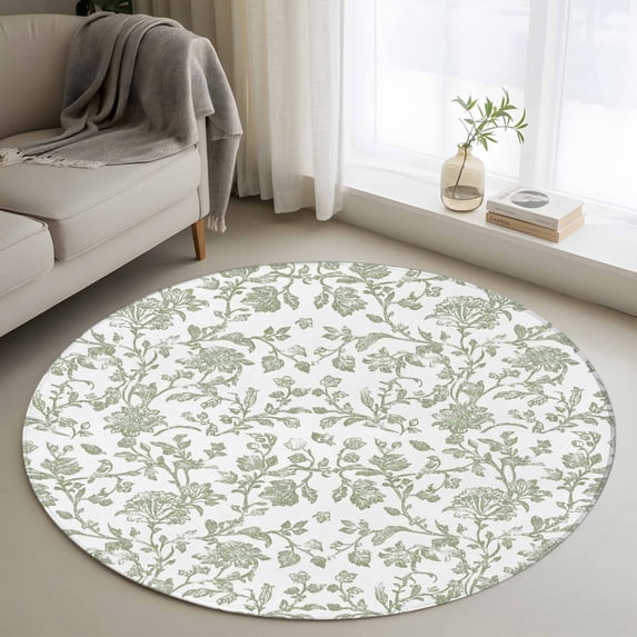 3.3ft Round Rug, Green Leaf Flower Non-Skid Rubber Backing Large Area Rugs - Living Room Bedroom Home Office, Vintage Farmhouse Bohemian Spring Indoor Floor Mat Carpets Washable Rug