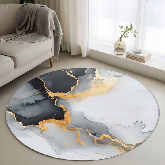 3.3ft Round Rug, Grey White Marble Non-Skid Rubber Backing Large Area Rugs - Living Room Bedroom Home Office, Ink Painting Modern Abstract Indoor Floor Mat Carpets Washable Rug