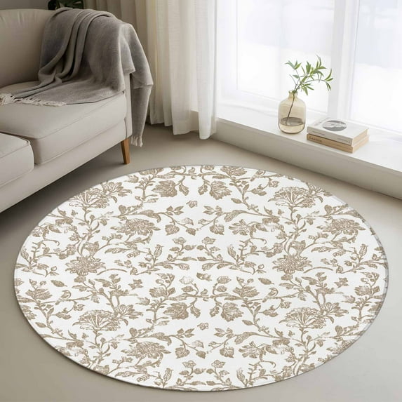 3.3ft Round Rug, Khaki Flower Non-Skid Rubber Backing Large Area Rugs - Living Room Bedroom Home Office, Vintage Farmhouse Boho Leaf Spring Plant Indoor Floor Mat Carpets Washable Rug