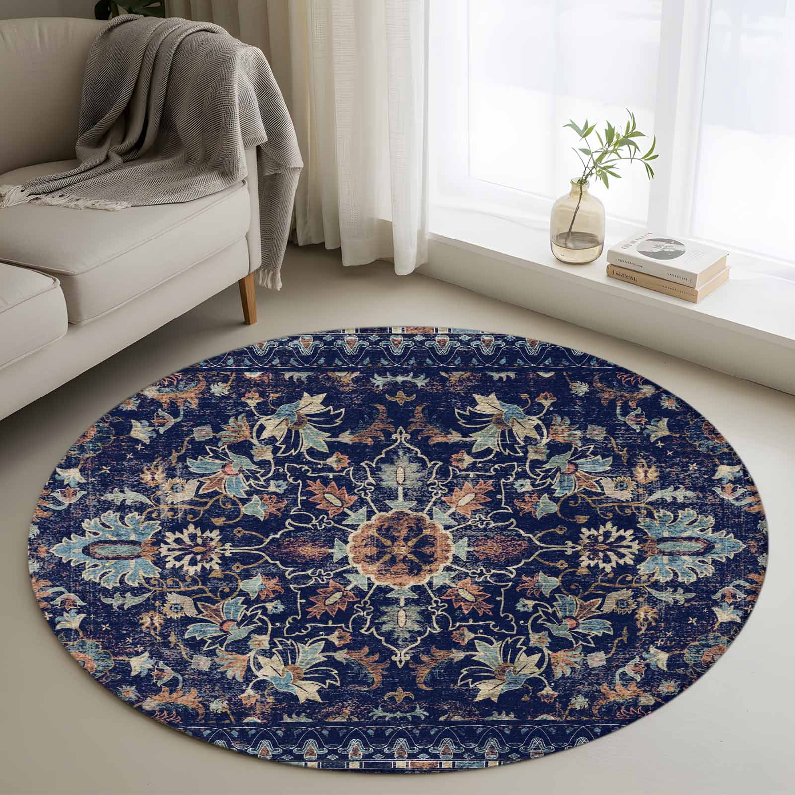 3.3ft Round Rug, Navy Blue Boho Non-Skid Rubber Backing Large Area Rugs ...