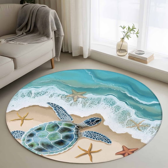 3.3ft Round Rug, Ocean Turtle Non-Skid Rubber Backing Large Area Rugs - Living Room Bedroom Home Office, Gradient Turquoise Wave Starfish Beach Indoor Floor Mat Carpets Washable Rug