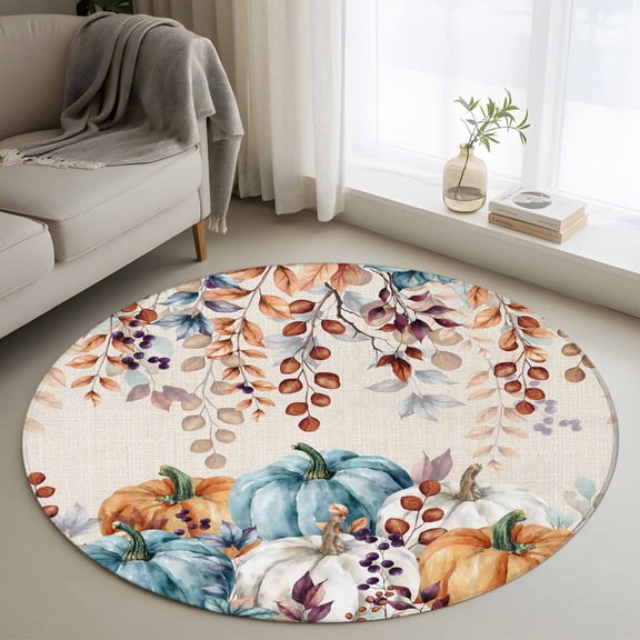 3.3ft Round Rug, Orange Blue Pumpkin Fall Non-Skid Rubber Backing Large Area Rugs - Living Room Bedroom Home Office, Thanksgiving Eucalyptus Leaves Rustic Indoor Floor Mat Carpets Washable Rug